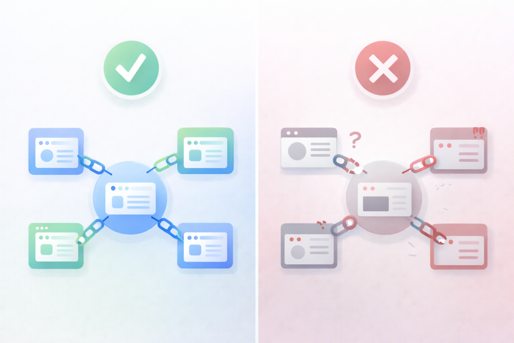 A split-screen SEO illustration comparing backlink quality. The left side shows a healthy backlink network with clean, trusted website nodes connected by strong blue and green links, representing high-quality backlinks. The right side displays a risky backlink profile with broken, weak connections highlighted in muted red tones, symbolizing toxic or spammy backlinks. The clean white background and flat vector style visually emphasize the contrast between trusted and harmful link structures.